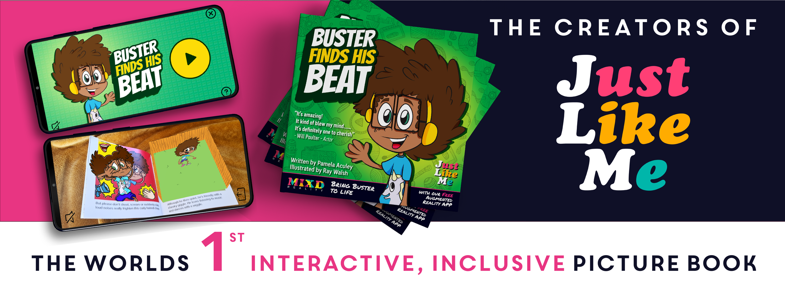 Banner showing book Buster finds his beat from the creators of Just Like Me
